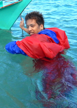 water hiking and swimming with a backpack