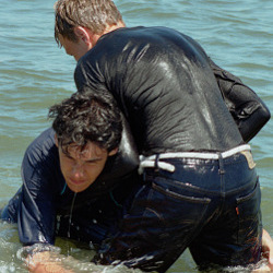 after school swim in jeans and swim shirt