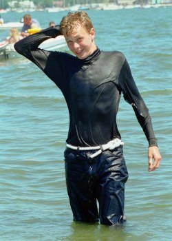after school swim in jeans and swim shirt